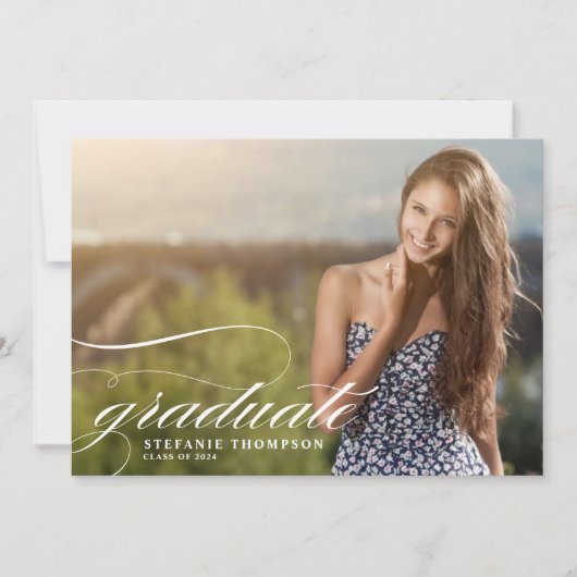 Elegante Script Overlay Photo Graduation Party Kaart (Voorkant)