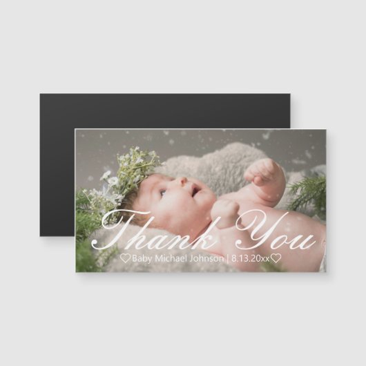 Elegante Script Pasgeboren Baby Foto Bedankt magne (Voorkant / Achterkant)