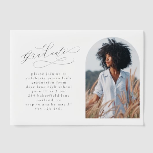 Elegante Script Photo Arch Graduation Party Vellum Uitnodigingen (Voorkant)