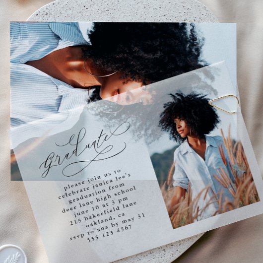 Elegante Script Photo Arch Graduation Party Vellum Uitnodigingen