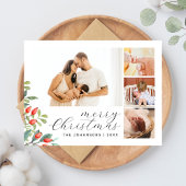 Elegante Script Photo Collage Botanische Kerstmis Feestdagenkaart