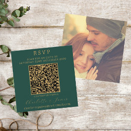 Elegante Script Photo QR Gold en Green RSVP Informatiekaartje