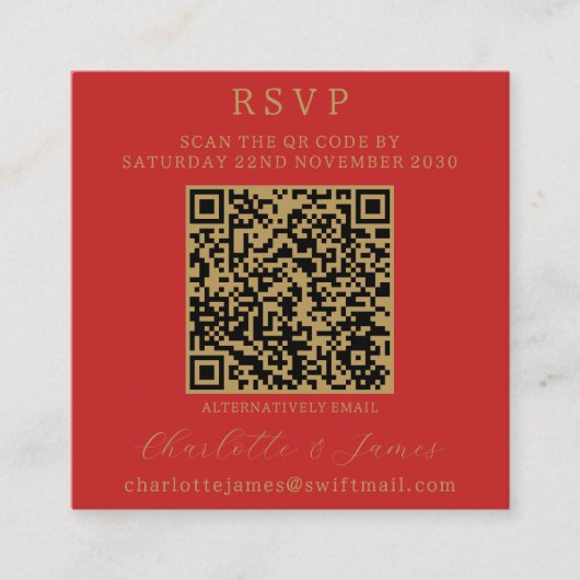 Elegante Script Photo QR Gold en Red RSVP Informatiekaartje (Voorkant)