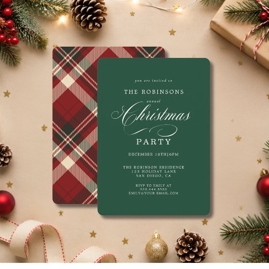 Elegante Script Plaid Kerstfeest Party Groen Kaart