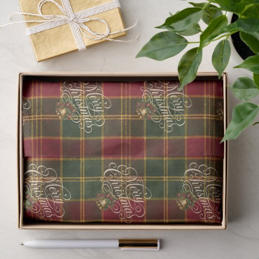 Elegante Script Prettig Kerstmis Plaid Tartan Cade Tissuepapier (Geschenk)