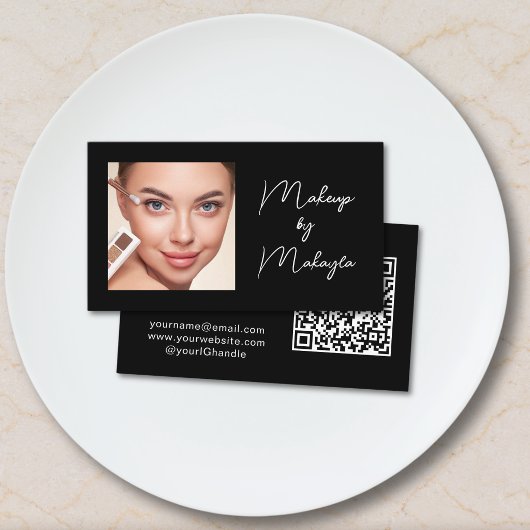 Elegante Script QR Code Foto Make-up Zwart Visitekaartje