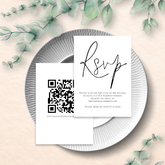 Elegante Script QR Code Huwelijk Zwart Wit RSVP Kaartje