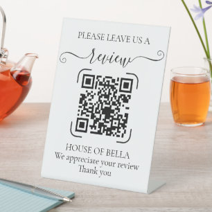 Elegante Script QR Code Review Reclamebord Met Voetstuk