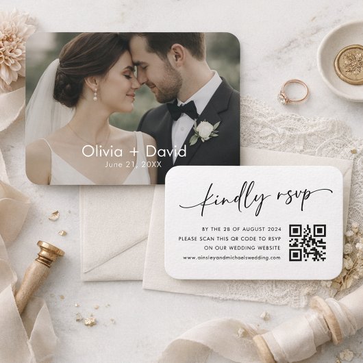 Elegante Script QR Code RSVP Trouwkaart Visitekaartje