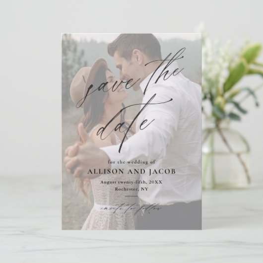 Elegante Script QR-code Trouwfoto  Save The Date (Staand voorkant)