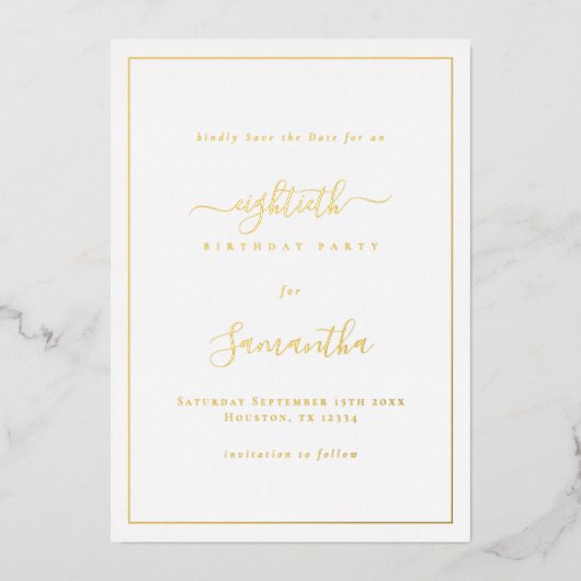 Elegante Script Rand 80ste Verjaardag Save the Dat Folie Uitnodiging (Voorkant)