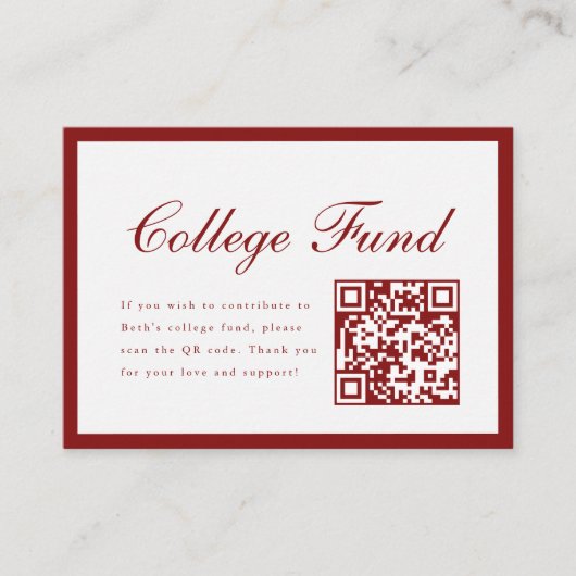 Elegante Script Rode Collegefonds QR-code Afstuder Informatiekaartje (Voorkant)