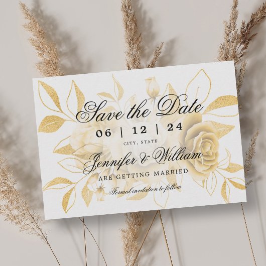 Elegante script romantische trouwdag gouden bloem save the date
