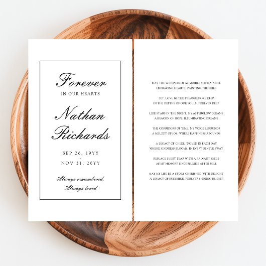 Elegante script rouwkaart met gebed visitekaartje