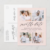 Elegante Script Roze 4 Foto Collage Save The Date Aankondigingskaart (Voorkant / Achterkant)