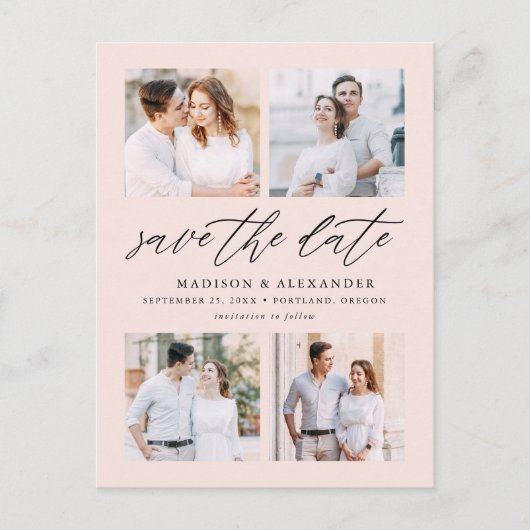Elegante Script Roze 4 Foto Collage Save The Date Aankondigingskaart (Voorkant)