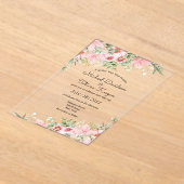 Elegante script roze bloemen minimalistische bruil acryl uitnodigingen (Laagn)