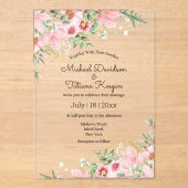 Elegante script roze bloemen minimalistische bruil acryl uitnodigingen (Voorkant)