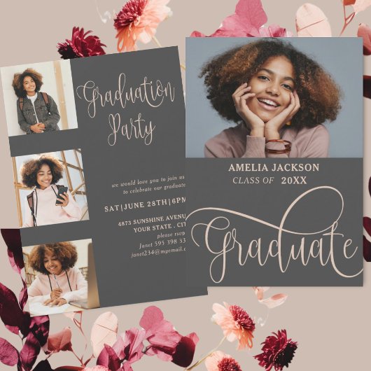 Elegante Script Roze Goud Foto Collage Afgestudeer Kaart