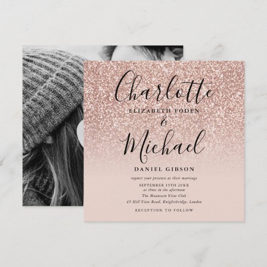 Elegante Script Roze Goud Glitter Bruiloftsfoto Kaart (Voorkant / Achterkant)