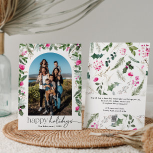 Elegante Script Roze Groenery Bladerboog 1 Foto Feestdagenkaart