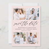 Elegante Script Roze Roze 4 Foto Collage Save The Date (Voorkant)