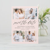 Elegante Script Roze Roze 4 Foto Collage Save The Date (Staand voorkant)