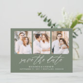 Elegante Script Sagegroen 3 Foto Collage Save The Date (Staand voorkant)