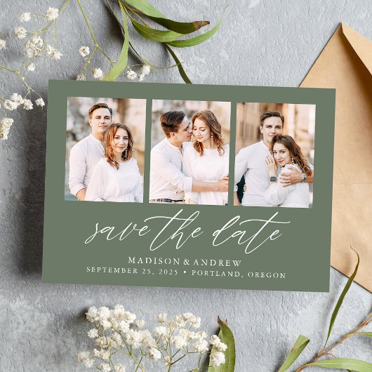 Elegante Script Sagegroen 3 Foto Collage Save The Date