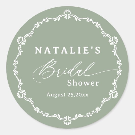 Elegante Script Salie Groene Bruiloftsborrel Ronde Sticker (Voorkant)