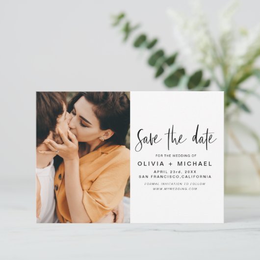 Elegante Script Save the Date Foto Minimalistisch (Staand voorkant)