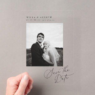 Elegante Script Save The Date Foto Mininale Kaart Acryl Uitnodigingen