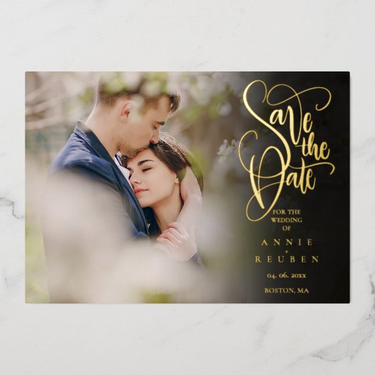 Elegante Script Save the Date Foto QR Code Folie Uitnodiging (Voorkant)
