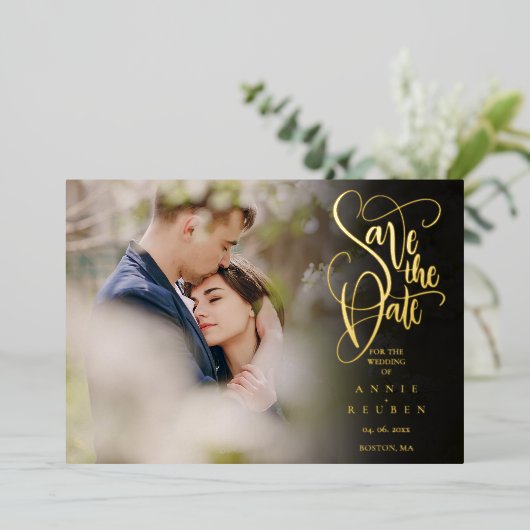 Elegante Script Save the Date Foto QR Code Folie Uitnodiging (Staand Voorkant)