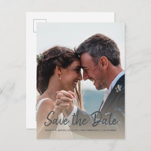 Elegante Script Save the Date Verlovingsfoto Aankondigingskaart (Voorkant / Achterkant)