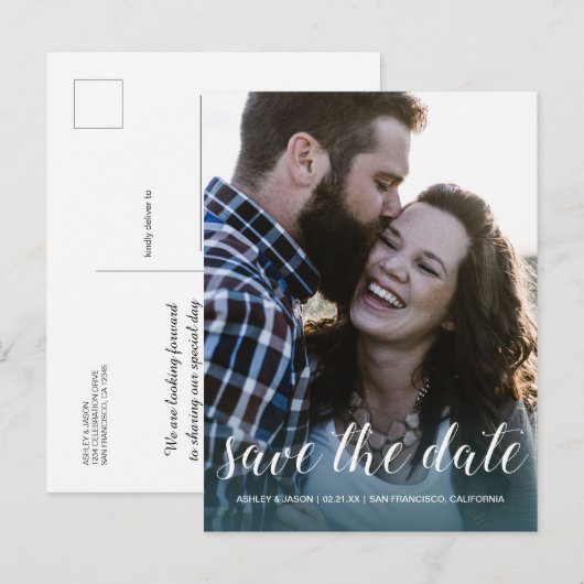 Elegante Script Save the Date Verlovingsfoto Aankondigingskaart (Voorkant / Achterkant)