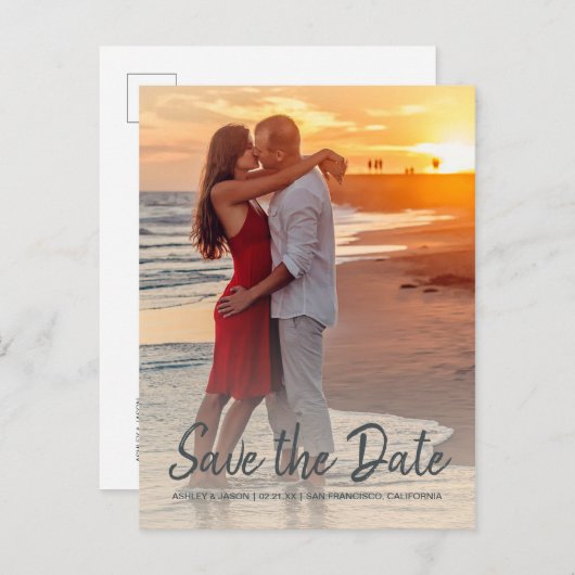 Elegante Script Save the Date Verlovingsfoto Aankondigingskaart (Voorkant / Achterkant)