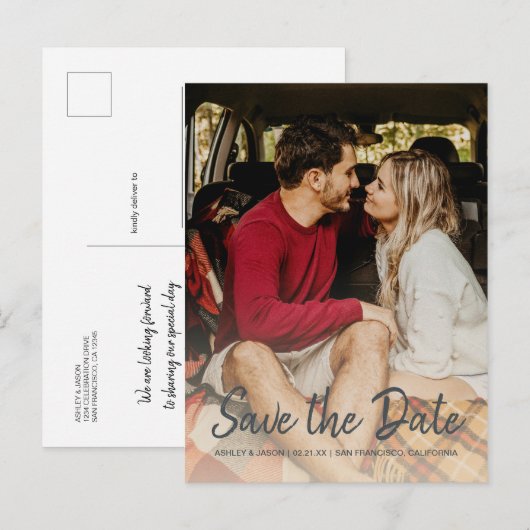 Elegante Script Save the Date Verlovingsfoto Aankondigingskaart (Voorkant / Achterkant)