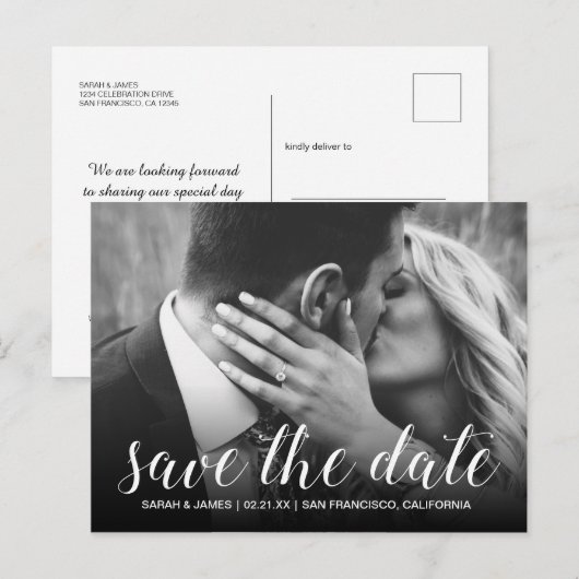 Elegante Script Save the Date Verlovingsfoto Aankondigingskaart (Voorkant / Achterkant)