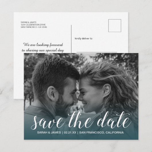 Elegante Script Save the Date Verlovingsfoto Aankondigingskaart (Voorkant / Achterkant)