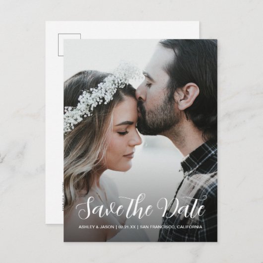 Elegante Script Save the Date Verlovingsfoto Aankondigingskaart (Voorkant / Achterkant)