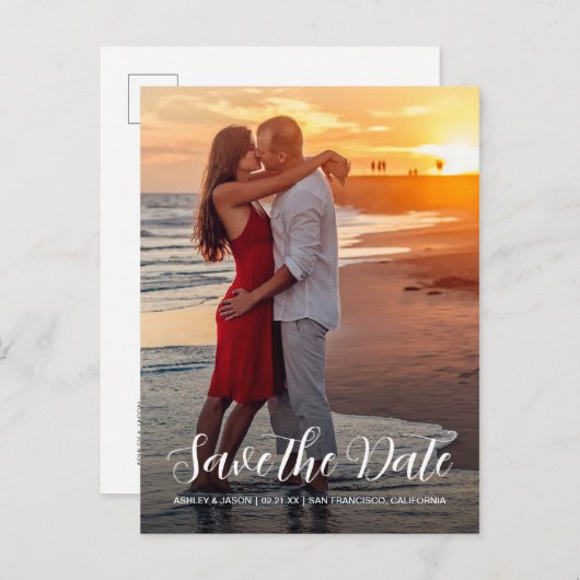 Elegante Script Save the Date Verlovingsfoto Aankondigingskaart (Voorkant / Achterkant)