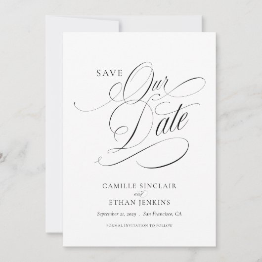 Elegante Script Save the Date Zwart en Wit Kaart (Voorkant)