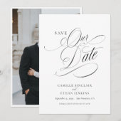 Elegante Script Save the Date Zwart en Wit Kaart (Voorkant / Achterkant)