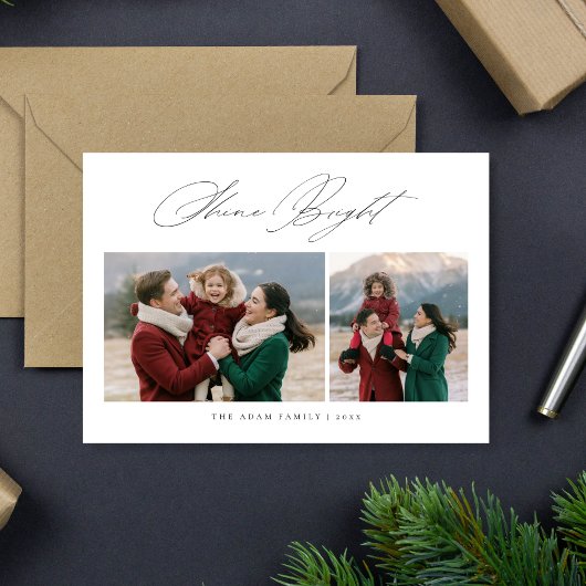 Elegante Script Shine Bright Kerst 2 Foto Feestdagenkaart