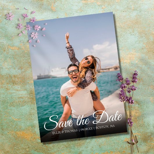 Elegante Script Simpele Foto Save the Date Postkaa Briefkaart