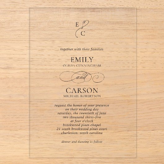 Elegante Script Simpele Monogram Logo Moderne Trou Acryl Uitnodigingen (Voorkant)