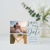 Elegante Script Sla onze datum Dusty Blue Foto Aankondigingskaart (Staand voorkant)