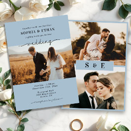 Elegante Script Stofblauw Foto Bruiloft Kaart