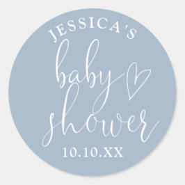Elegante Script Stofblauwe Baby Shower Favor Ronde Sticker